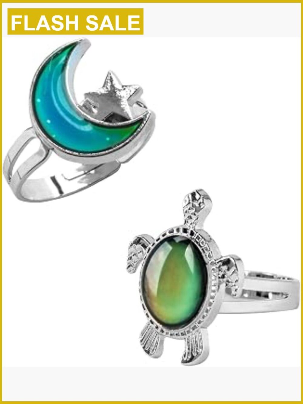 2 Mood Rings Turtle Star Moon Adjustable Unisex Color Changing Jewelry Gift
